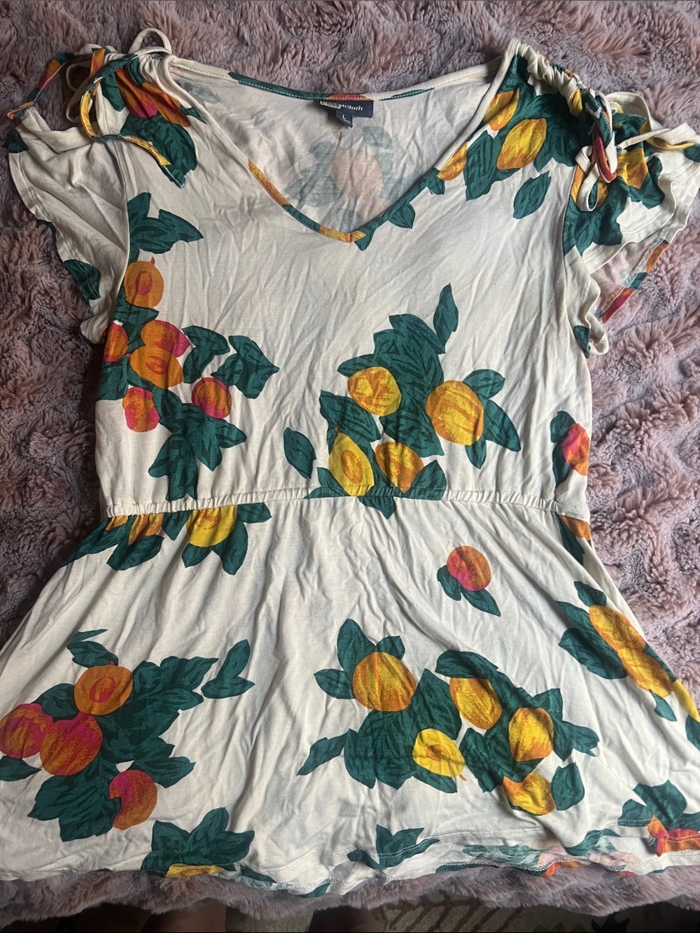 Modcloth Cream Floral Peplum Top with Yellow & Green Fruit Print